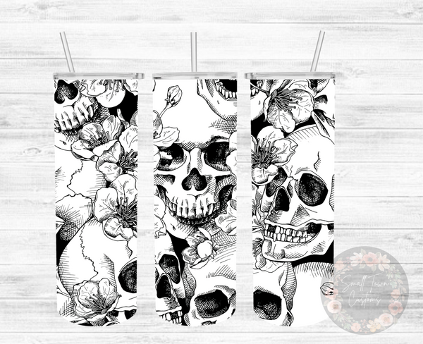 Black and White Floral Skull Tumbler