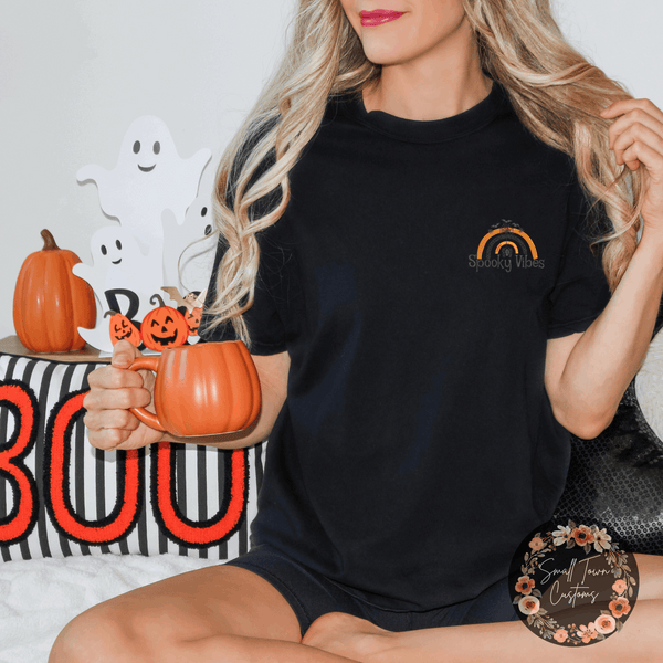 Spooky Vibes Embroidered Bat Rainbow T-Shirt - Small Town Customs